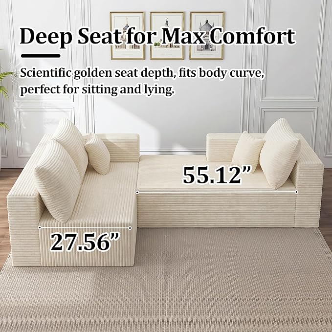 92.5 Modular Sectional Sofa L-Shaped Cloud Couch with Deep Seat &amp Chaise Premium Corduroy Boneless Couches for Living Room/Bedroom/Small Space No Need Assembly - Beige
