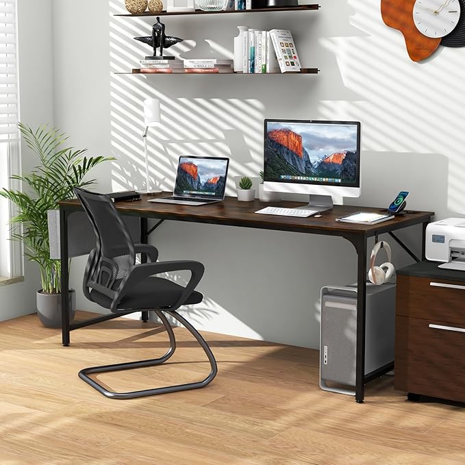 Tangkula 60” Large Computer Desk with Charging Station Modern Simple Study Writing Desk with Storage Bag Headphone Hook Sturdy Metal Frame Home Office Workstation