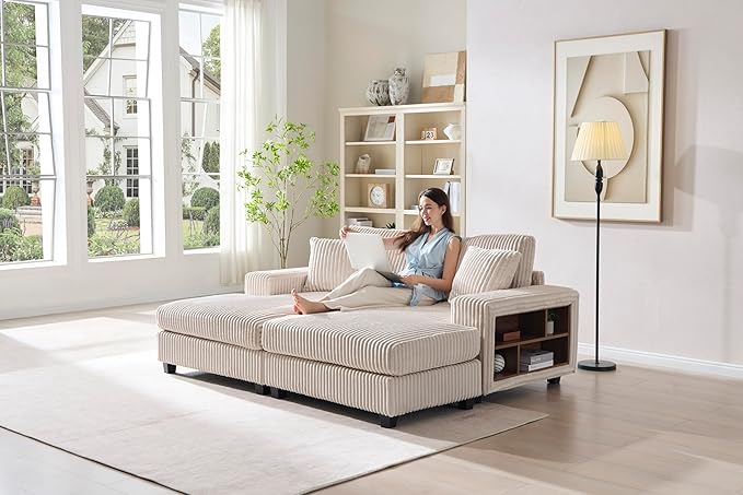 79.5 Oversized Corduroy Modular 2-Seat Sectional Couch with Extra-Wide Armrest Storage and Double Chaise Lounge Modern Convertible Sleeper Sofa for Living RoomBeige