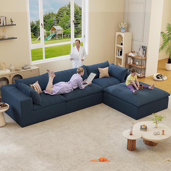 Modular Sectional Sofa Corduroy Plush L Shape Cloud Couch Modern Deep Seat Boneless Couches for Living Room Large Compression Sofas Luxury Fluffy Couchs Sectionals Blue