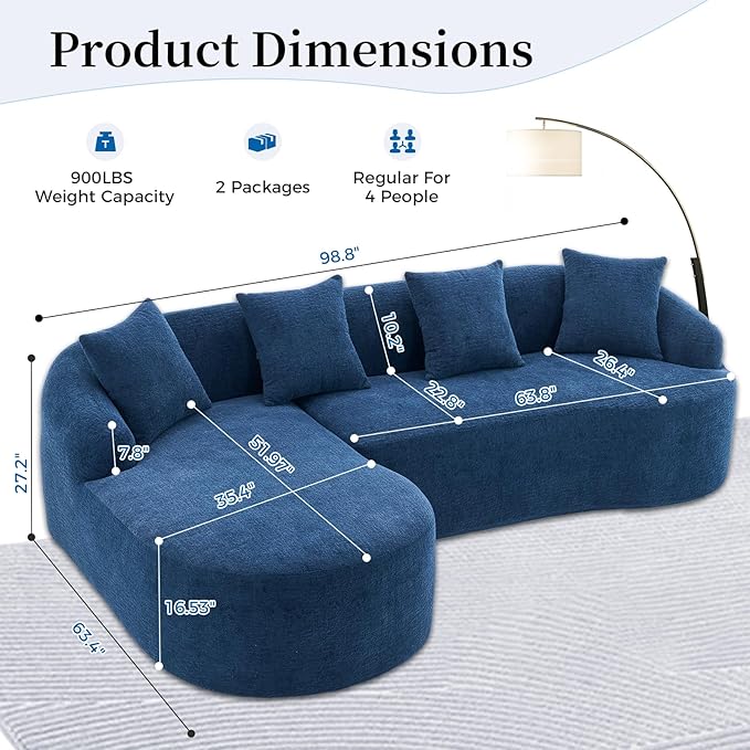 98.8 Curved Sectional Sofa with ChaiseL-Shape Sofa Lounge ChaiseBoneless Couch L Shape for Living RoomWood Grain Chenille FabricNo Installation Requirement