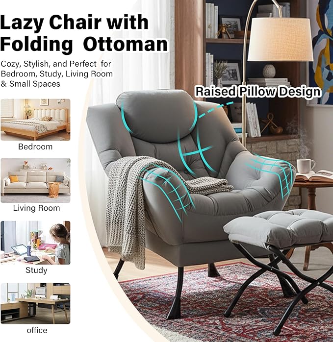 Lazy Chair with Ottoman Modern Accent Chairs with Folding Footrest Light Grey Sofa Chair Set Comfortable Reading Chairs Oversized Armchairs for Bedroom Study Living Room Courtyard
