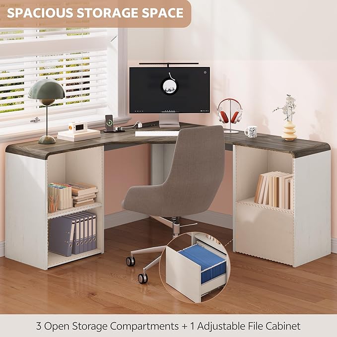60 L Shaped Desk with File Drawer Modern Corner Computer Desk with Storage L Shape Home Office Desk Executive Desk with Power Outlets Storage Shelves File Cabinet for Working Writing White