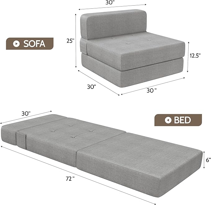 Convertible Folding Sofa Bed Couch - Light Grey Memory Foam Fold Out Couches Modern Linen Foldable Mattress Sleeper Chair for Living Room/Home Office/Apartment