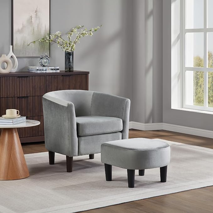 Velvet Accent Chair with Ottoman Modern Barrel Armchair Plush Lounge Chair for Living Room Bedroom Reading Nook 4 Colors (Gray)