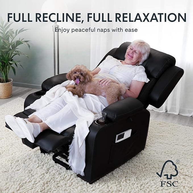 FLEXISPOT XL31 Power Lift Recliner Chair for Elderly Electric Lift Chair with Massage &amp Heat PU Leather Reclining Sofa w/Cup Holders Side Pockets for Living Room Bedroom(Medium SizeBlack)