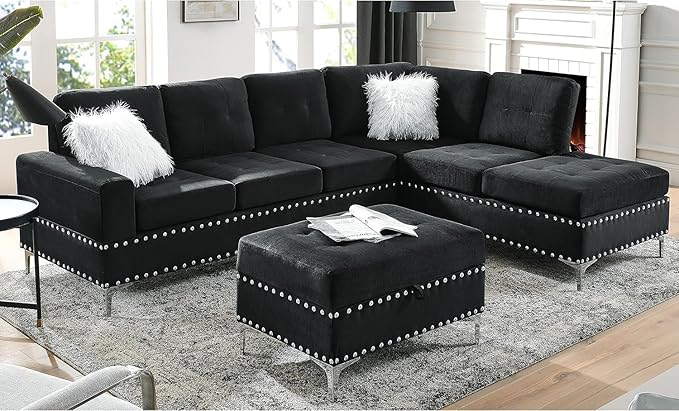 Living Room Furniture Sets L-Shape Sectional 5-Seater Sofa with Extra Wide Reversible Chaise Storage Ottoman and Cup Holders and Copper Nails 2 Pillows Black