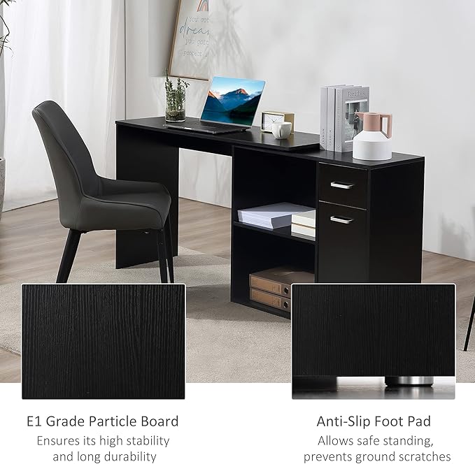 L Shaped Computer Desk 180° Rotating Corner Desk with Storage Shelves Drawer and Cabinet Study Workstation for Home Office Black
