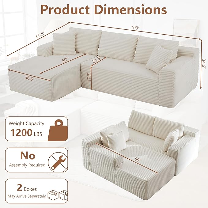 KIVENJAJA 103” Beige Corduroy Boneless Couch L-Shaped Sectional Sofa with Left Facing Chaise Cloud Compression Couches for Living Room Apartment Home Office No Assembly Required