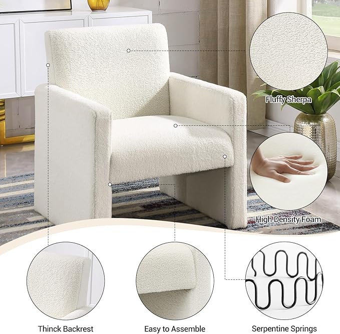 FUNKEEN Boucle Accent Chair Set of 2 – White Sherpa Armchairs with Plush Cushioned Seat Cozy Chairs for Living Room Bedroom Reading Nook