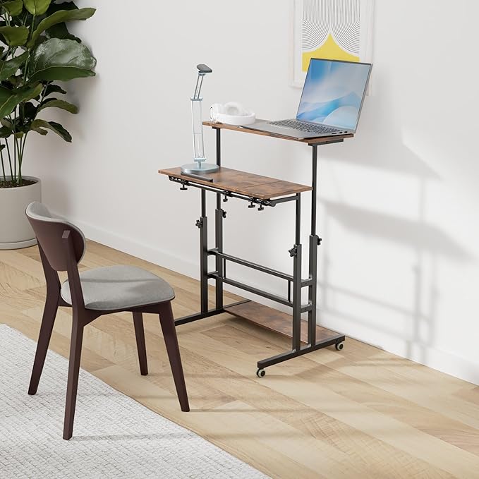 Hadulcet Mobile Standing Desk Adjustable Height Rolling Desk Stand Up Desk Mobile Laptop Desk Rolling Computer Desk with Charging Station Portable Desk with Wheels Rustic Brown