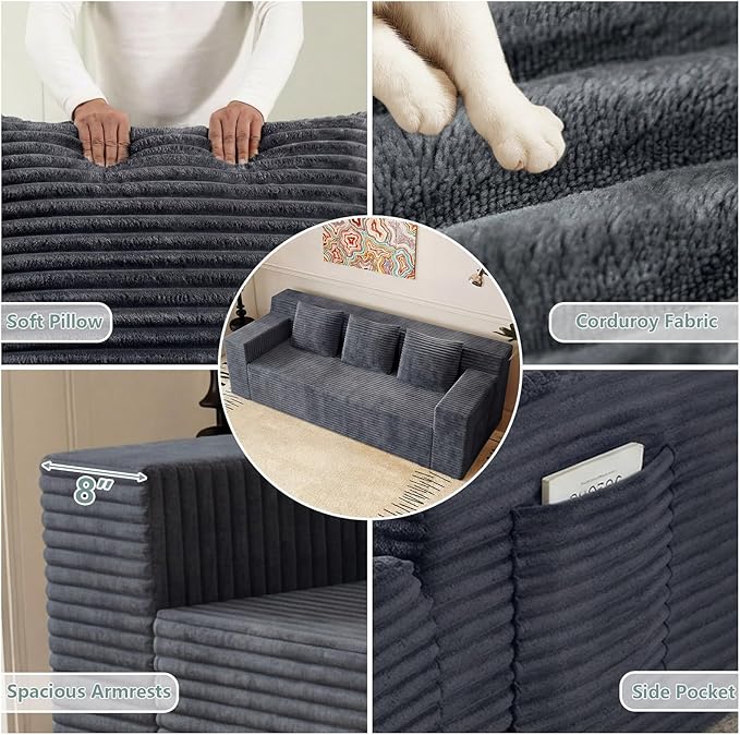 71 Cloud Loveseat SofaBoneless Deep Seat 2-Seater with 3 Pillows&ampSide PocketNo Assembly Foam Floor CouchPlush Corduroy Living Room Sofa for Small Space Apartment(Flat HandrailDark Grey)