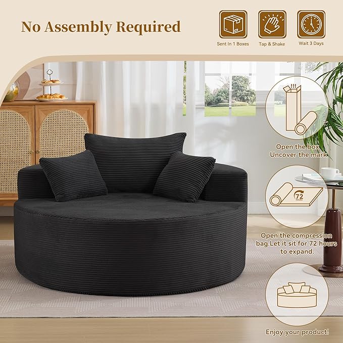55''Oversized Round Boneless Chaise Lounge ChairCorduroy Modern Floor Sofa Deep Seat Compressed Circle Comfy Barrel Chair No Assembly Sleeper Cloud Sofa Couch Bed for Living Room BedroomBlack