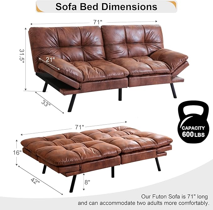 71 Futon Sofa Bed Memory Foam Convertible Faux Leather Futon Couch Beds with Adjustable Armrest Backrest Multi-Functional Folding Sleeper Sofa Bed for Living Room Apartment Brown