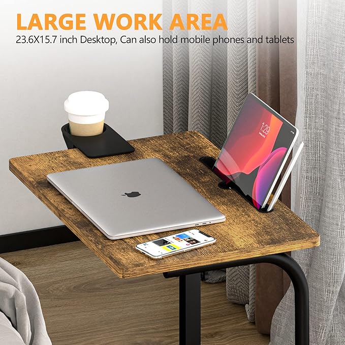 Klvied Standing Desk Adjustable Height Stand Up Desk with Cup Holder Portable and Easy to Move Bedside Table Ideal for Home or Office Walnut