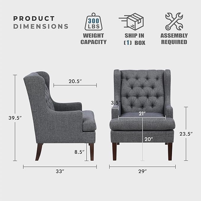 Lexicon Living Room Accent Chair Textured Fabric Upholstered Reading Chair Button-Tufted High Wingback for Living Room/Bedroom/Office Charcoal