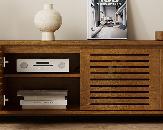 LKTART Mid Century Modern TV StandExtendable Entertainment Center for 65/70/75/80 Inch TVMedia Console for Living Room&ampBedroom Brown Ebony