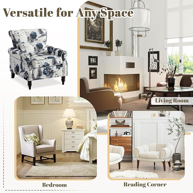 Oversized Floral Accent Chair with Extra Lumbar Pillow Upholstered Living Room Armchair with Wooden Legs Comfy Reading Lounge Chair for Bedroom Home Office (Blue Floral Pattern)