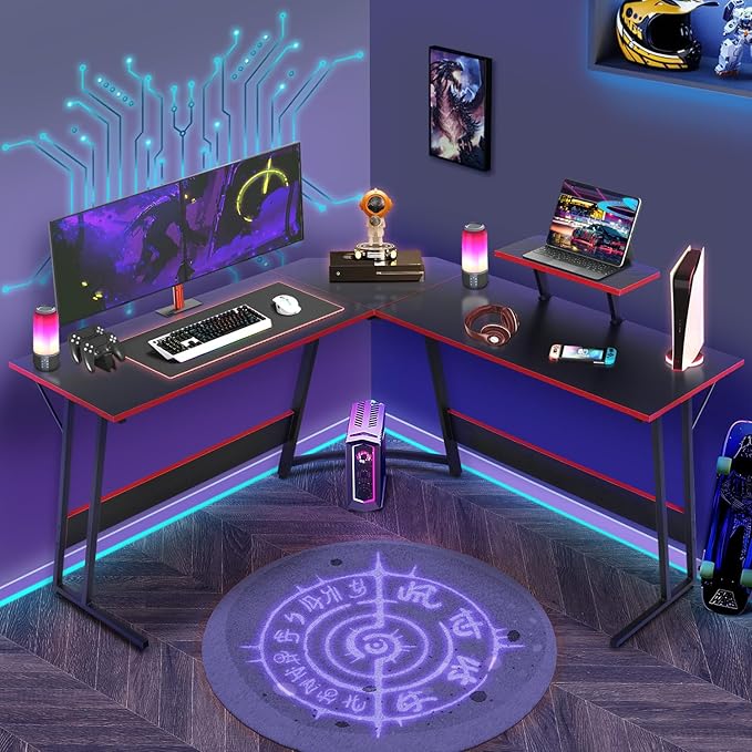 L Shaped Gaming Desk 51 Inch Computer Corner Desk Home Office Desks PC Gaming Table with Monitor Riser Stand for Home Office Writing Workstation Black