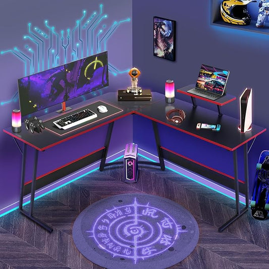 L Shaped Gaming Desk 51 Inch Computer Corner Desk Home Office Desks PC Gaming Table with Monitor Riser Stand for Home Office Writing Workstation Black