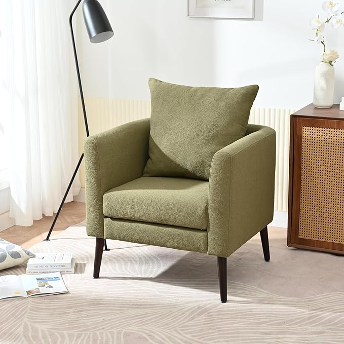 Modern Accent Chair for Living Room Chairs Comfortable Lumbar Support Armchair Removable Cushion Covers Single Sofa Chair with Solid Wood Legs Bedroom Reading Chair Olive Green