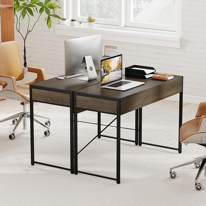 Giantex Computer Desk with 2 Drawers 44 Inch Home Office Desk with Anti-Toppling Device &amp Metal Frame Compact Laptop PC Table Vanity Table Modern Study Writing Desk for Small Spaces (Grey Oak)