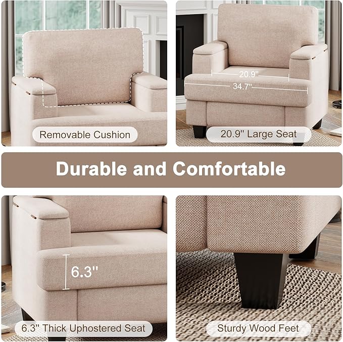 Furniliving Modern Oversized Accent Sofa Chair Comfortable Living Room Lounge Armchair with Storage Armrest Upholstered Reading Gaming Chair for Apartment Living Room Bedroom Beige