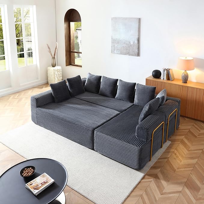 145 inch Modern Sectional Couch for Living Room Oversized Cloud Boneless Couch with Freely Movable Armrest and Fixed-Shape Frame Grey Modular Sofa U Shape Couches | No Assembly Required Free Combin
