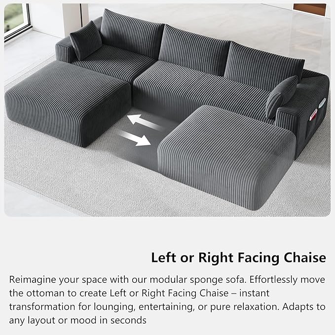 108 Cloud Couch Modular Sectional Sofa for Living RoomL Shaped Boneless Couch with Deep Seat ChaiseNo Assembly Required Foam Sleeper Sofa for ApartmentsPlush Corduroy Fabric Dark Gray