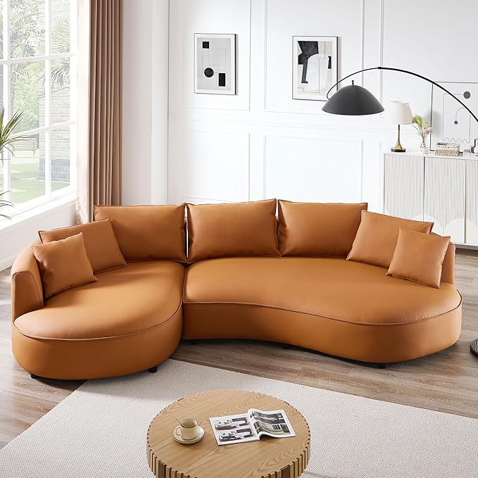 124.8 Round Bonded Curved Couch Leather Sectional Sofa for Living Room Apartment Office Orange Modern 5 Seater Oversized Cloud Sofa with Chaise Lounge Comfy Furniture Left Facing