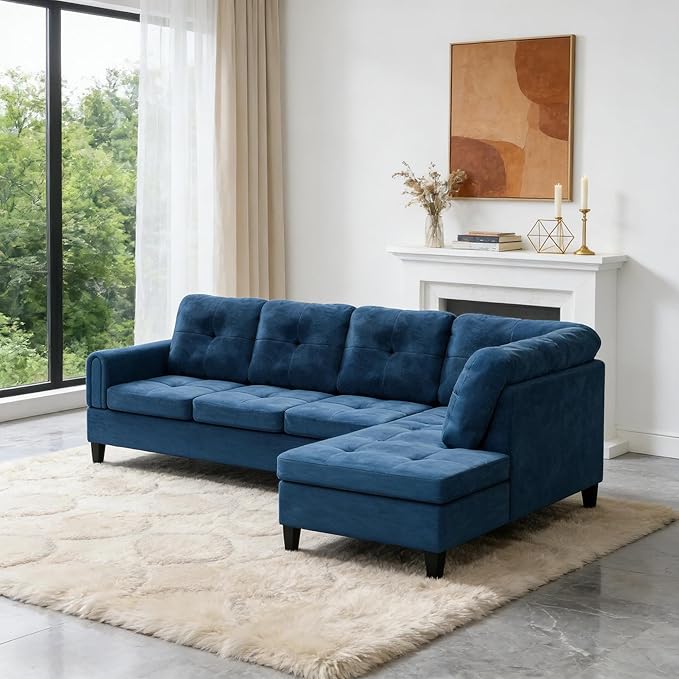 97 Inch Modern L-Shaped Couch Flannel Sectional Sofa with Right Facing Chaise 4-Seater Couch with Sturdy Frame for Living Room Apartment Blue