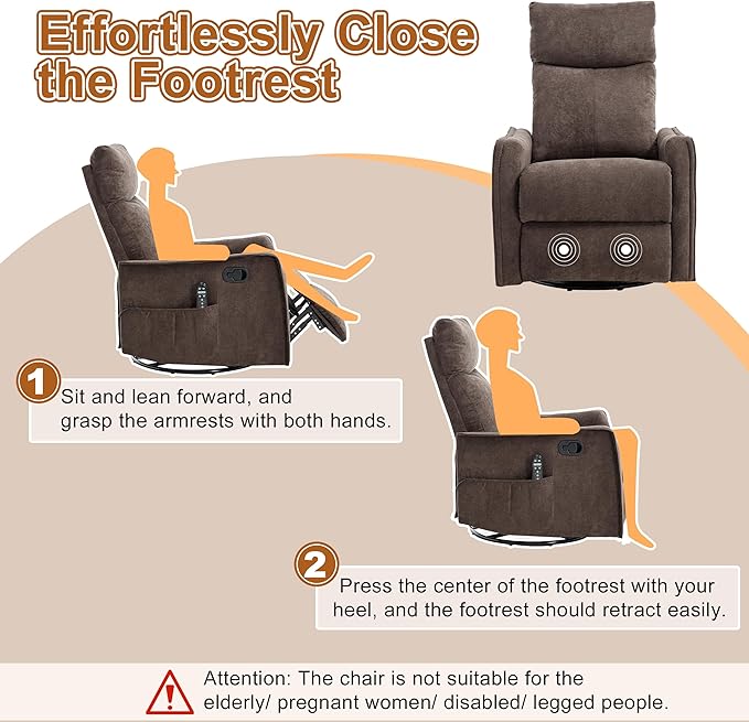 Manual 360° Swivel Rocker Recliner Chair for Adults Overstuffed Glider Chair for Nursery with Vibration Massage &amp Heat Comfy Soft Fabric Recliner Chair with Side Pockets for Living Room Brown
