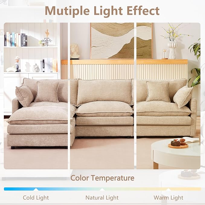 GNIXUU 102 Modular Sectional Sofa L Shaped Cloud Couch with Movable Ottoman &amp 4 Pillows Deep Seat Chenille 4 Seater Sectional Couches for Living Room Apartment (Camel)