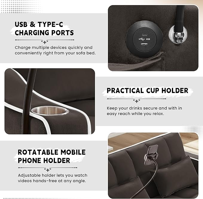 TTK 3-in-1 Convertible Velvet Sleeper Sofa Bed Pull-Out Loveseat with Adjustable Backrest USB Port &amp 2 Pillows Swivel Phone Stand &amp Storage Pockets Modern Futon Couch for Living Room (Brow
