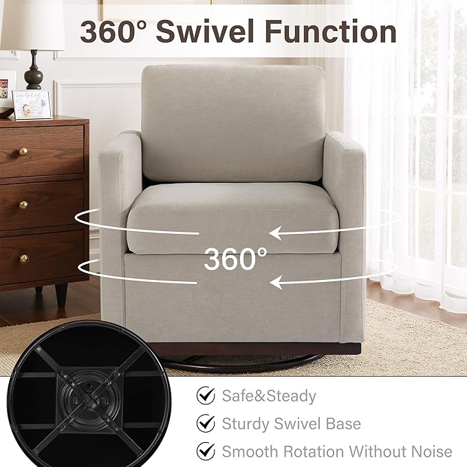 Swivel Accent Chair 360° Swivel Upholstered Club Armchairs for Living Room 31 Wide Square Single Sofa Reading Chair with Deep Seat Metal Swivel Base Chenille Fabric Sand