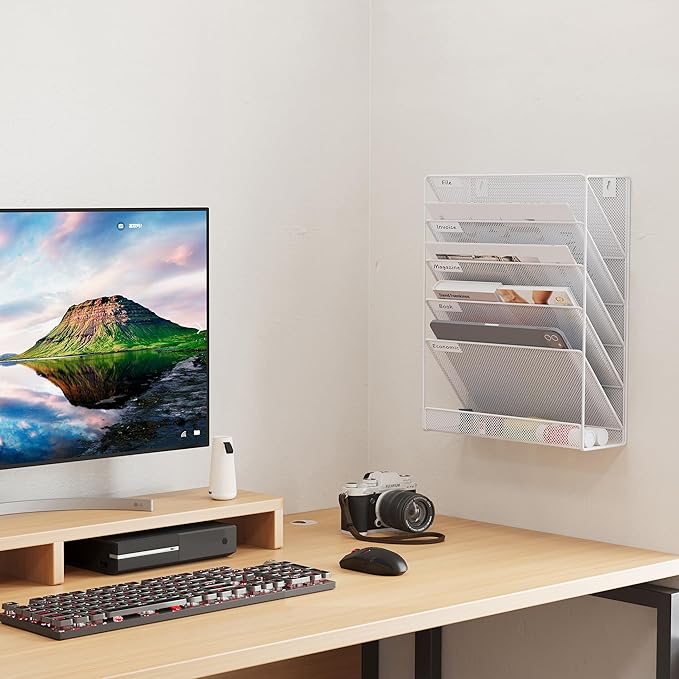 EasyPAG 5 Tier Wall File Holder Mesh Hanging Folder Organizer with Classify Label Versatile Desk File Holder Vertical Wall Mounted Mail Organizer for Office Home Cubicle White