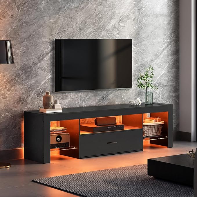 HOOBRO LED TV Stand with Power Outlets to 65 inch TV Gaming Entertainment Center with Glass Shelves and Large Drawer Modern Media TV Console Table for Living Room Bedroom Black BB160UDDS01G1