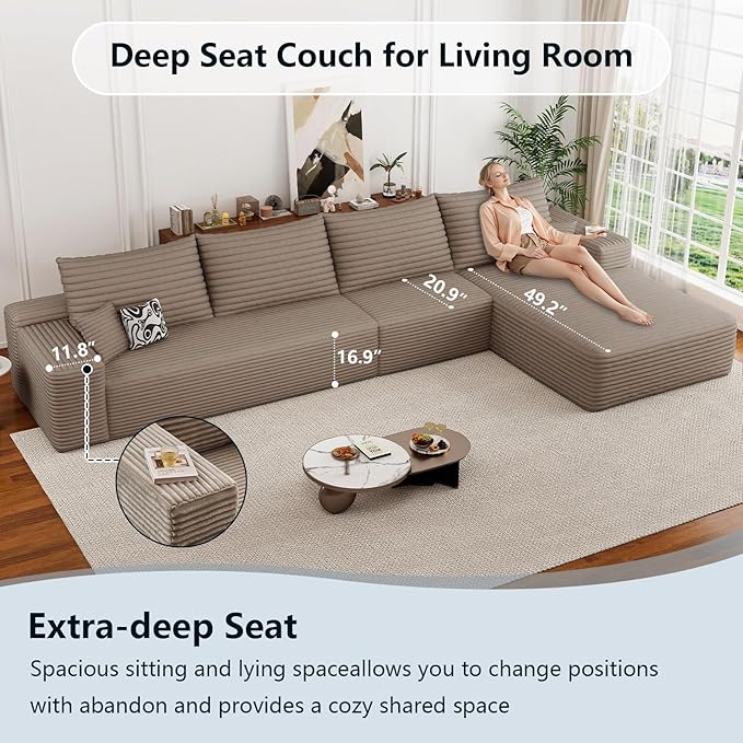135.5 Cloud Sectional Couch with L-Shape Chaise Corduroy Boneless Couch for Living Room Modern Memory Foam Sofa with Deep SeatNo Assembly Required(BlackRight Facing Chaise)