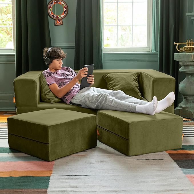 Jaxx Zipline Convertible Sleeper Loveseat &amp Ottomans/Queen-Size Bed Moss