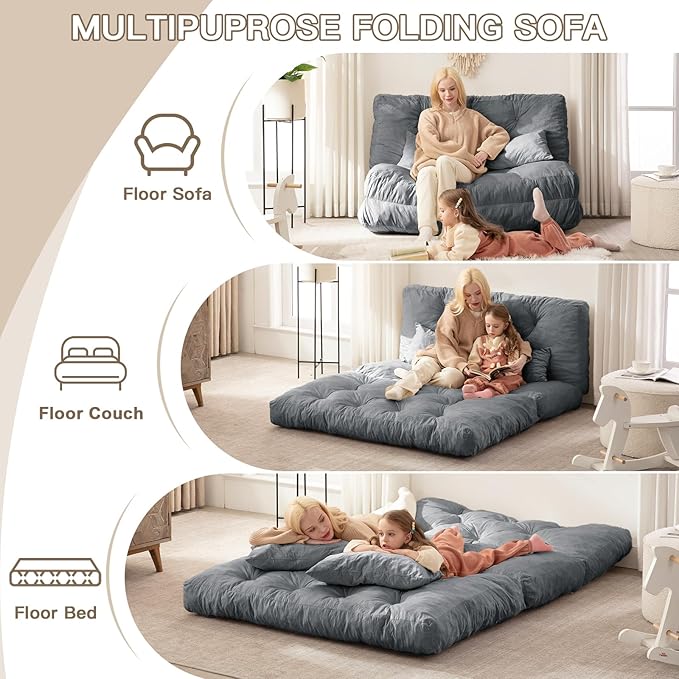 Folding Sofa Bed Convertible Sleeper Chair with Pillow Foldable Mattress with Back Support Portable Fold Out Chair Bed Comfy Floor Sofa Lounge for Living Room Bedroom Dark Gray Full 80x54 Inch