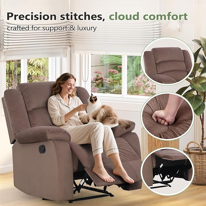 ANJ Fabric Recliner Chair Set of 2 with Overstuffed Arm and Back Comfy Chocolate Manual Reclining Chairs for Adults Living Room Single Sofa Recliners