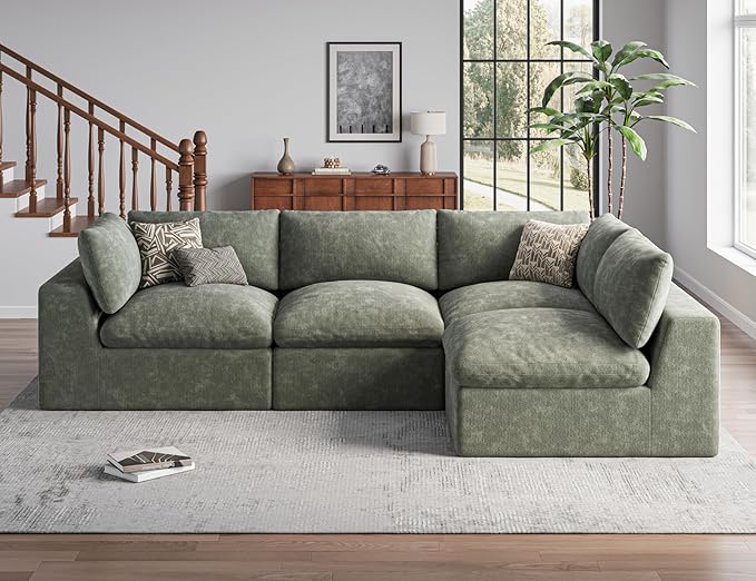 120 Cloud Sectional Couch | Oversize Boneless Couches for Living Room | 4 Seater Modern L-Shape Sofa | Green
