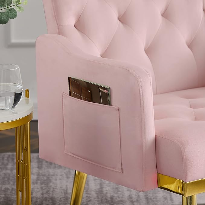 kevinplus Velvet Accent Chair Living Room Chair Leisure Single Sofa Chair Comfy Vanity Chair for Bedroom Modern and Mid-Century Armchair Sitting Chair for Reading Relaxing Gold Metal Leg Pink