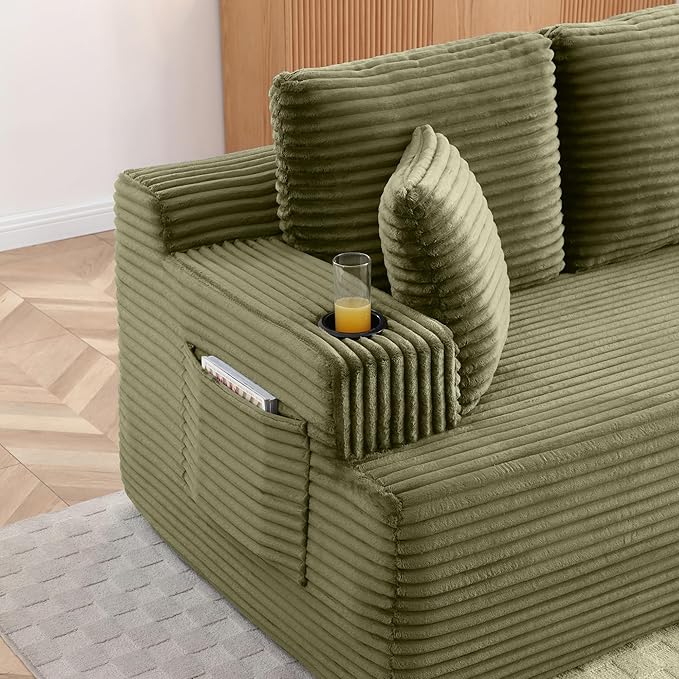 Eafurn Floor Loveseat Boneless Sofa Couch in a Box with Cup Holder and Side Pockets 3 Seater Comfy Corduroy Upholstered Foam Couch with Deep Seating for Living RoomNo Assembly | Breathable material