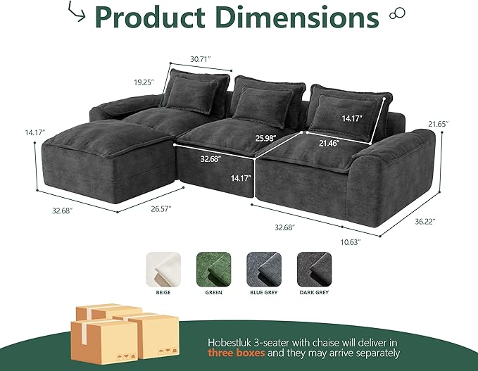 Hobestluk 120 Cloud Modular Sectional Couch 3-Seater Sofa with Ottoman L Shaped Sofa with Removable Cover Large Sofa Couch for Living Room (Dark Grey 3-Seater Sofa with One Ottoman)