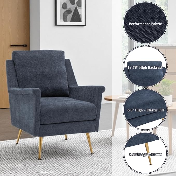 Accent Chair Set of 2 Mid Century Modern Living Room Chairs with Gold Metal Legs Navy Wingback Arm Chairs for Bedroom Performance Fabric