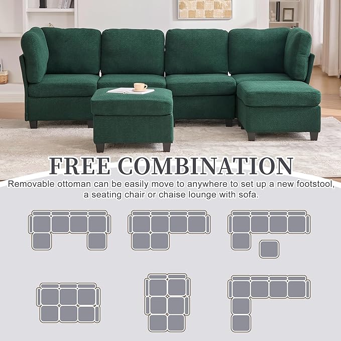 113 U Shaped Modular Sectional Sofa Couch with Storage Ottoman 6 Seat Convertible Upholstered Deep Seat Sleeper Sofa with Chaise Lounge Cloud Couch for Living Room Emerald Green