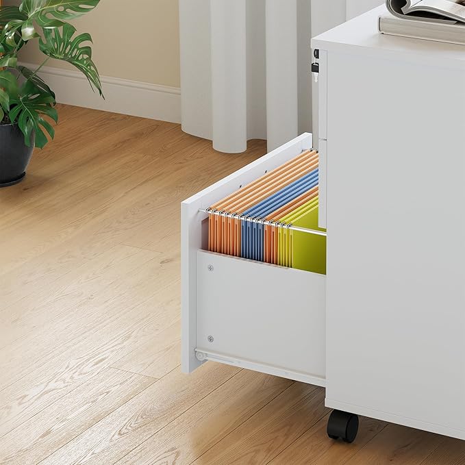 Secure 3-Drawer Wood File Cabinet with Lock – Mobile Under Desk Filing Cabinet Fits Letter/Legal/a4 Rolling Cabinet with Wheels – Classic Color