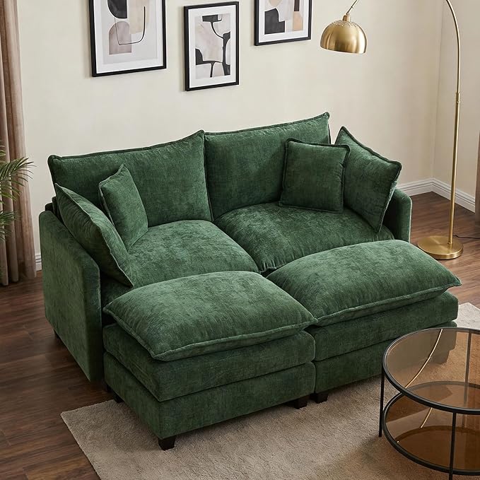 78 Modular Sectional Sofa Cloud Couch Loveseat Sofa with 2 Movable Ottoman Comfy Chenille Deep Seat Sofa with Throw Pillows 4 Seat Modern Couches for Living Room Bedroom and Apartment Green