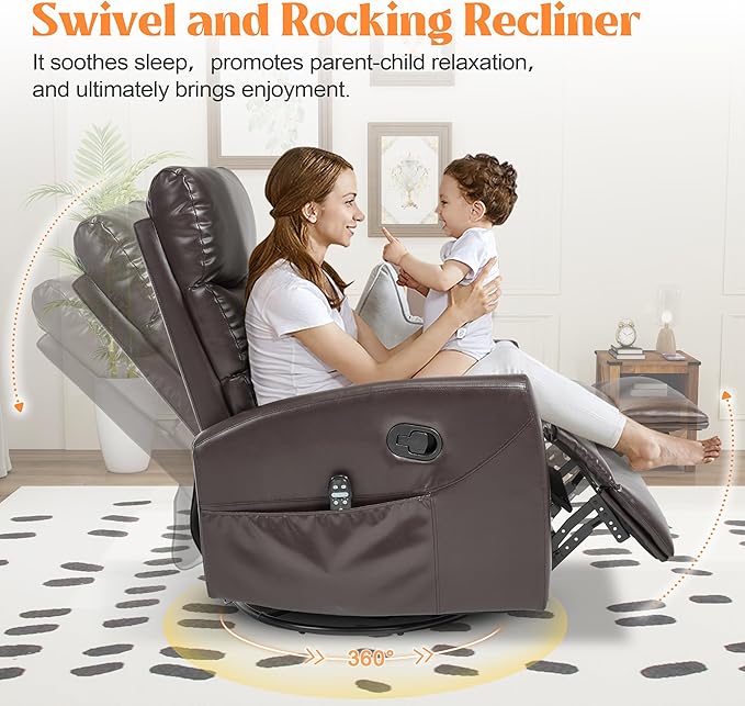 Luxlen Manual Swivel Rocker Recliner Chair with Massage Overstuffed Recliner Glider with Vibration Massage and Heat for Nursery Living Room Reclining Sofa Chair PU Leather Dark Brown